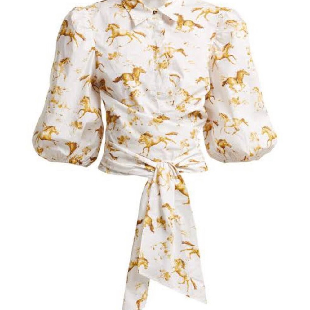 Ganni White Blouse with Gold Horse Print